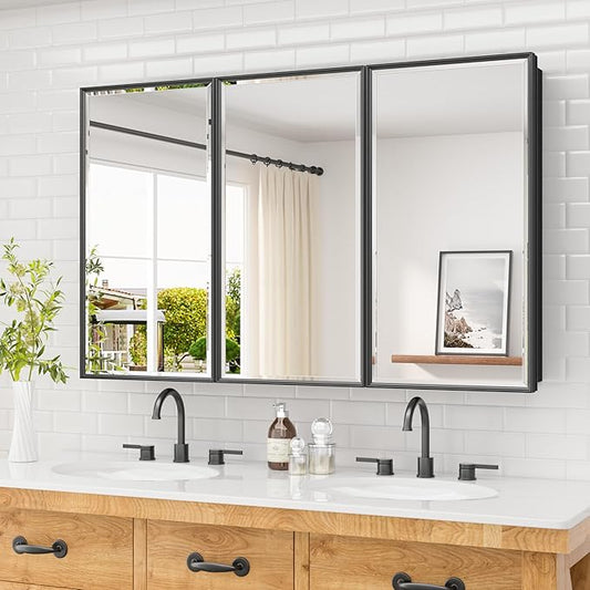 TETOTE 48" x 30" Medicine Cabinet Black Bathroom Mirror with Storage Beveled Aluminum Frame Stepless Adjustable Shelves, Wall-Mounted or Recessed