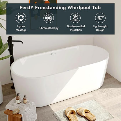 FerdY Shangri-La 67 Inch Freestanding Whirlpool Bathtub, Oval with 8 Water SPA Jets Morden White Stand Alone Jetted Tub, Luxury Acrylic Free Stand Deep Soaking Bath Tub