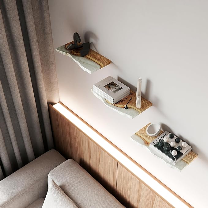 RWA Live Edge Floating Shelf – Unique Wood Floating Shelf for Wall Decor, Living Room, Bedroom, or Bathroom – Stylish Decorative Wall Shelves for Home & Office (Platinum, 16x6)
