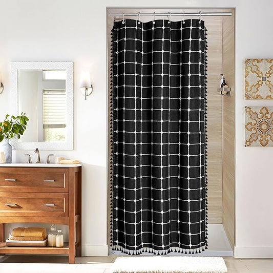 MitoVilla Boho Small Stall Shower Curtain 36 x 72, Narrow Polyester Linen Fabric Shower Curtains for Farmhouse Bathroom Decor, Half Size Cloth Shower Curtain Set with Hooks, Black