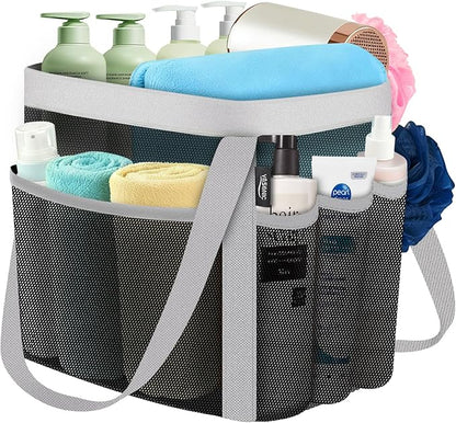 YASONIC Mesh Shower Caddy Portable for Dorm College Room Essentials, 8-Pocket Large Shower Bag with Double Handles, Hanging Shower Basket for Beach, Swimming, Bathroom, Beach, Camp, Gym, Black-Grey