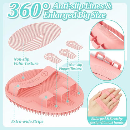 Silicone Back Scrubber & Soft Bath Glove 2PCS, 16''- 21''Extendable Back Scrubber with Dual-Side Large Head, 360° Anti-Slip Hand-fit Silicone Body Scrubber for Rich Foaming Deep Cleaning(Pink)