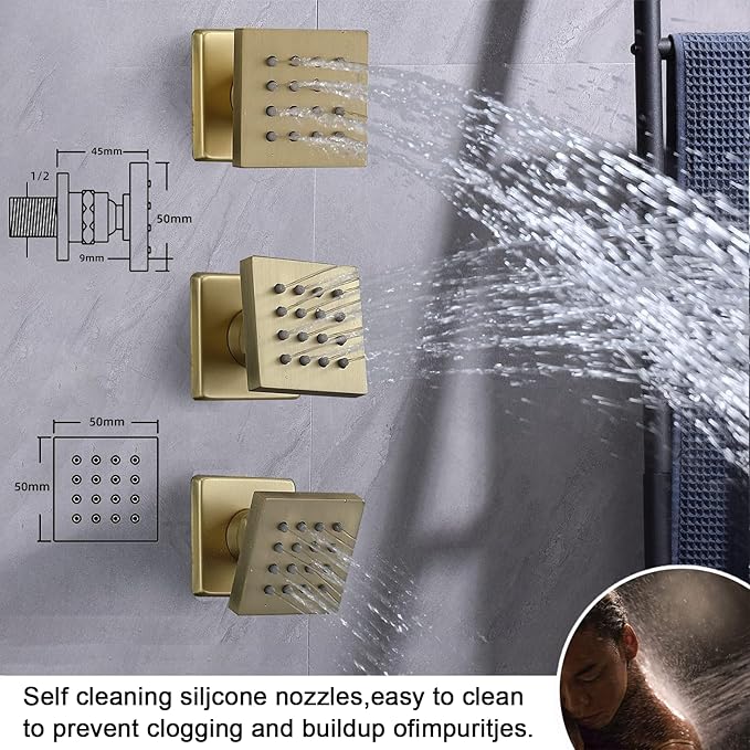 Thermostatic Shower System Brushed Gold Shower Faucet Set, Four Modes Shower Faucet with 4 PCS Body Jet, Handheld Spray, Ceiling Mount 12 inch Shower Head with 8 inch Wall Mount Shower Head