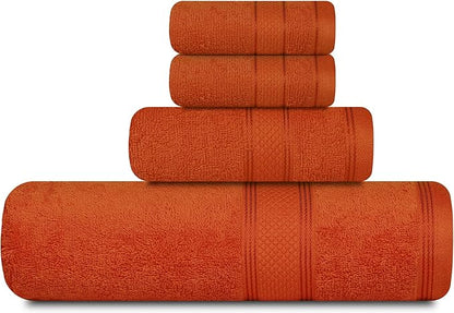 Casa Lino 4 Piece Bath Towel Set | 1 Bath Towel, 2 Wash Cloth, 1 Hand Towels | Bathroom Essentials for New Home, 100% Cotton Luxury Towels, Highly Absorbent Bathroom Set, Coral Orange.