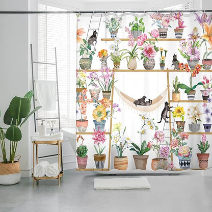 Bohemian Shower Curtain, Boho Floral Print Water Repellent Polyester Fabric for Bathroom Decor, 72×72 Inch Standard Size with 12 Hooks, Also as Room Divider