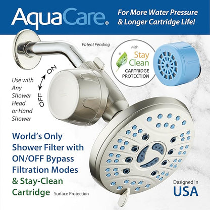 AquaCare Skin & Hair - World's Only Universal Shower Water Filter for All Shower Head Types with ON/OFF Filtration Modes, Instant Cartridge Reload & Stay-Clean American KDF Cartridge, Satin Nickel