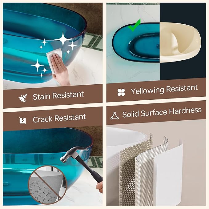 WOODBRIDGE 63" L x 28-3/8" W Transparent Blue Stone Resin Freestanding Soaking Tub with Double Ended Design