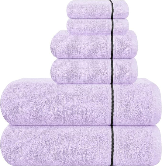 MyOwn Ultra Soft 6 Pack Cotton Towel Set, Contains 2 Bath Towels 28x55 inch, 2 Hand Towels 16x24 inch & 2 Wash Coths 12x12 inch, Ideal Everyday use, Compact & Lightweight - Purple