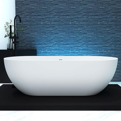 69'' Freestanding Tubs Bathtub Solid Surface Resin Stone Bathtubs soaker Tubs Oval Shaped Matte Luxury Modern Soaking Tub with Overflow and Pop-up Drain - White…