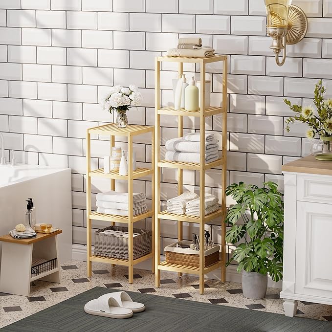 SMIBUY Bathroom Storage Shelf, 5-Tier Bamboo Rack Organizer, Multifunctional Shelving Unit for Living Room Bedroom Kitchen (Natural)