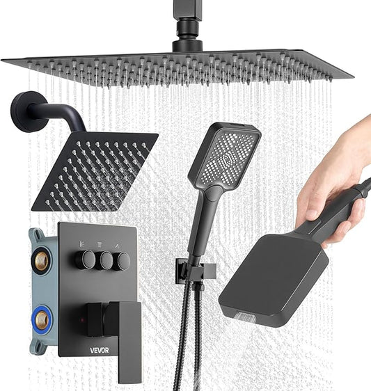 VEVOR Shower Faucet Set, 12 Inch Ceiling Mount Rainfall Shower System with 6 Inch Wall Mount Head and 4 in 1 Handheld Spray, Rotatable 3-Function Dual Rain Head Brass Valve and Trim Kit, Matte Black