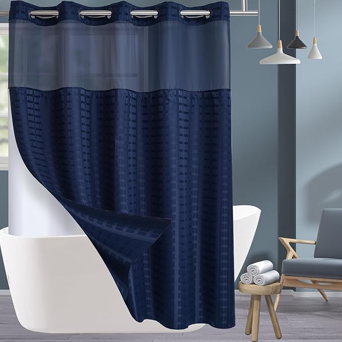 Conbo Mio Extra Long No Hook Shower Curtain with Snap in Liner Set, Hotel Luxury Navy Blue Shower Curtains for Bathroom with See Through Top Window, Waterproof, Washable 71W x 84H