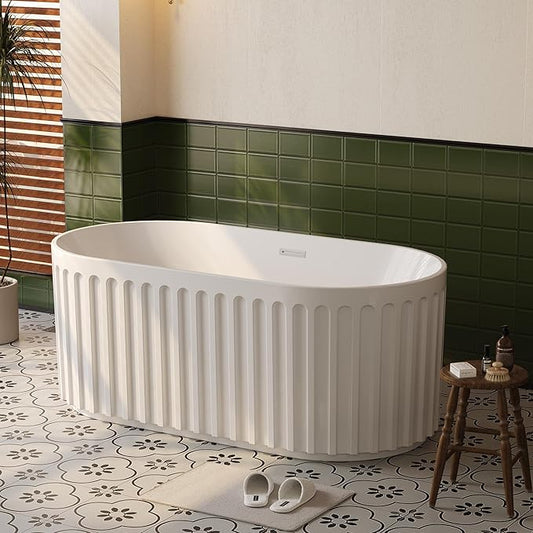 67 Inch Acrylic Freestanding Bathtub with Textured Stripes, Deep Soak Tub, Space-Saving, Glossy Surface, Luxury Spa Design for Modern Bathrooms