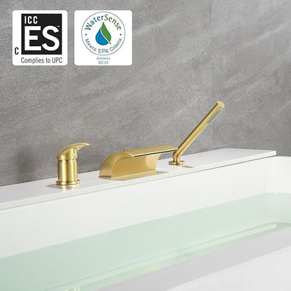 sumerain 3 Hole Roman Tub Faucet with Hand Shower, High Flow Single Handle Waterfall Bathtub Filler Brushed Gold Finish