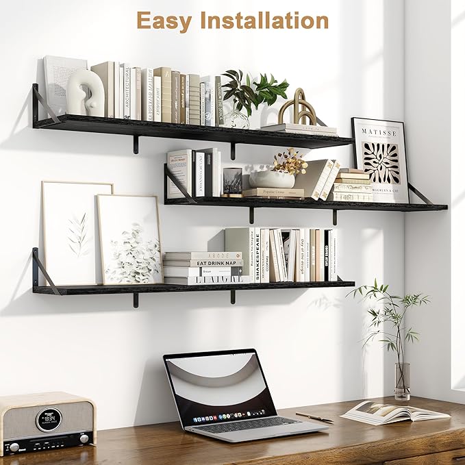 Fun Memories Extra Long Floating Wall Shelves, 48 x 8 Inches, Set of 3 Large Wood Floating Bookshelves with Metal Brackets for Storage & Display (Black)