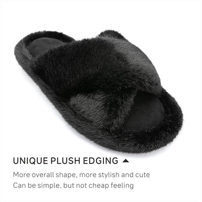 Chantomoo Womens Slippers Memory Foam Fuzzy Cross Band Faux Fur Slippers for Women Gift