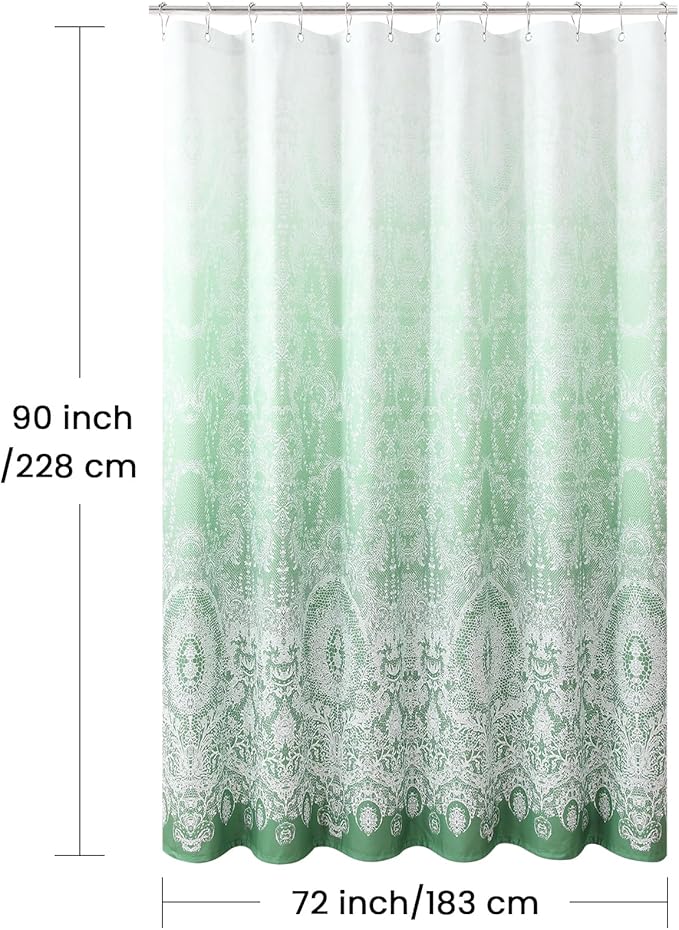 90 Inch Extra Long Shower Curtain - Chantilly Lace Design, Heavyweight Polyester, Grass Green to White Ombre, 72" W x 90" H