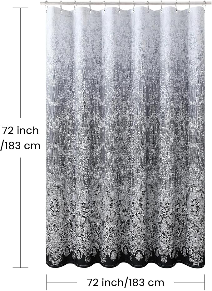 Chantilly Lace Shower Curtain - Heavyweight Polyester, Black to White Ombre Design, 72" W x 72" H