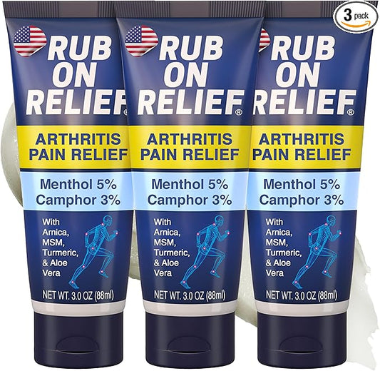 RUB ON RELIEF Topical Pain Relief Cream - Non-Greasy Joints Pain Cream for Knees, Shoulders & Back, Targeted Arthritis & Muscle Aches with Arnica, MSM, Turmeric, Aloe Vera, & Castor Oil- 3 oz (3 Pack)