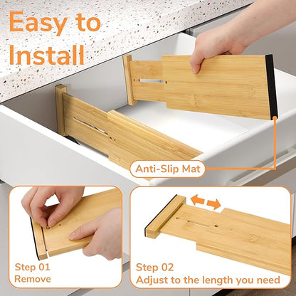 BAMEOS 4 PCS Bamboo Drawer Divider Adjustable Drawer Dividers Kitchen Drawer Organization Utensil Organizers for Kitchen Dresser Bathroom Bedroom and Office