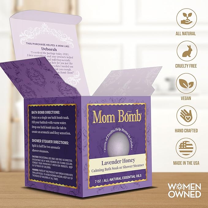 Mom Bomb Lavender Honey Bath Bomb (Shower Steamer) – Essential Oils, Clean Ingredients – Relaxing Aromatherapy Fizz, Skin-Softening – Made in USA - Gift for Women 7 Ounce
