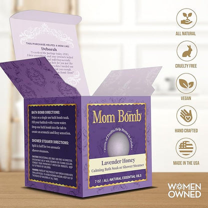 Mom Bomb Lavender Honey Bath Bomb (Shower Steamer) – Essential Oils, Clean Ingredients – Relaxing Aromatherapy Fizz, Skin-Softening – Made in USA - Gift for Women 7 Ounce