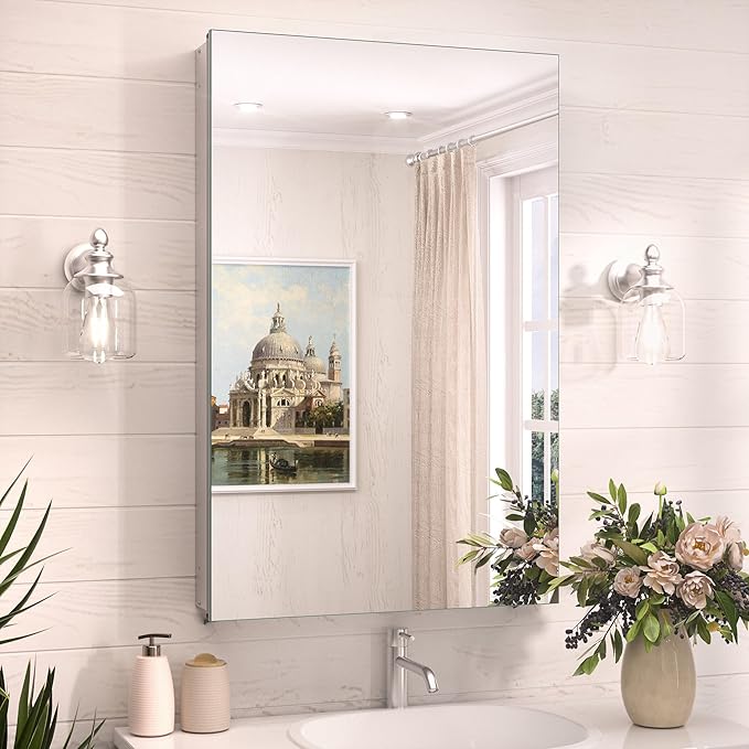 TokeShimi 20x32 Bathroom Cabinet Mirror Tempered, Aluminum Silver Recessed Medicine Cabinet with Mirror Frameless Stepless Adjustable Shelf, Surface Mount Medicine Cabinet for Bathroom
