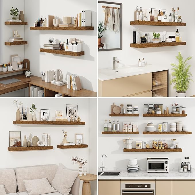 fuqing Floating Shelves for Wall, Wall Mounted Wood Floating Shelf with Invisible Brackets for Living Room, Bathroom, Bedroom, Kitchen Storage and Decor, 48 Inch Set of 2, Rustic Brown