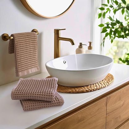 PÜSKÜL Waffle Kitchen & Hand Towel Organic 100% Turkish Cotton Set of 3 Beige - Premium Quality, Soft, Quick-Dry, Absorbent, Lint-Free Waffle Weave Towels 32X16 Inches (3, Beige)