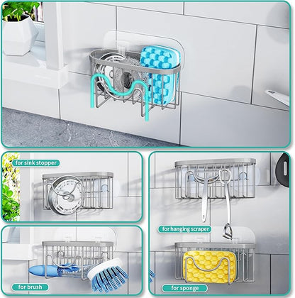 HapiRm Sponge Holder for Kitchen Sink - Sink Caddy with Unique M-Shaped, 2 Installation Methods Kitchen Organizer, Rustproof Stainless Steel Sponge Caddy - Grey