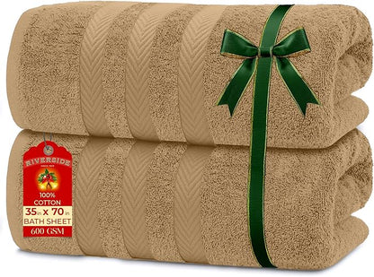 RIVERSIDE Pack of 2 Extra Large Bath Sheets 35 x 70 Inches - 100% Ring Spun Cotton Hotel Quality Oversized Bath Towels - Super Soft, Highly Absorbent & Quicker to Dry - Tan
