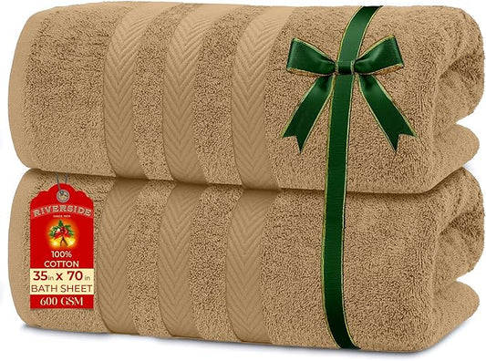 RIVERSIDE Pack of 2 Extra Large Bath Sheets 35 x 70 Inches - 100% Ring Spun Cotton Hotel Quality Oversized Bath Towels - Super Soft, Highly Absorbent & Quicker to Dry - Tan