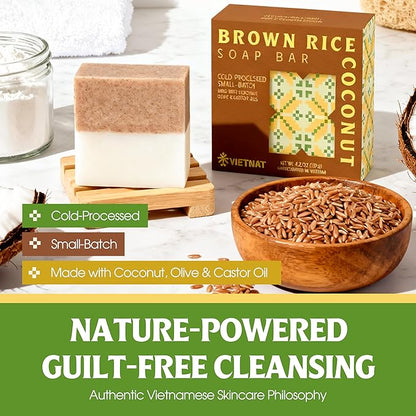 Brown Rice & Coconut Milk 2-in-1 Luxurious Natural Soap Bar (4.2 oz) | Gentle Exfoliation & Nourishing Cleanse | Cold-Processed, Handmade in Vietnam for Smooth, Fresh Skin (Pack of 1)