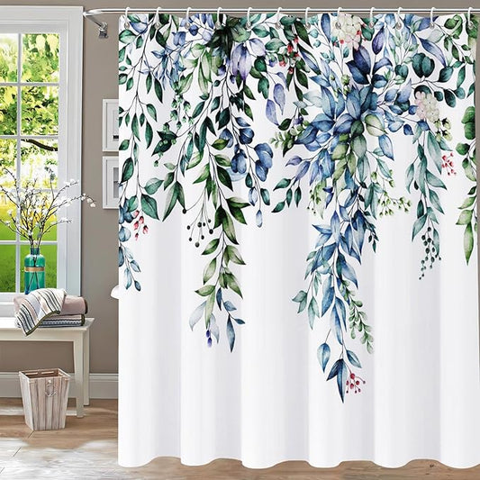 Shower Curtain,Blue Eucalyptus Shower Curtains for Bathroom,Watercolor Green Leaf Shower Curtain Sets Waterproof Plant Shower Curtain Blue Fabric Cloth Bathroom Curtains Green72x72 inch with Hooks