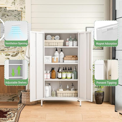 Tall Narrow Storage Cabinet 51.18" H Bathroom Cabinet Metal Pantry Cabinets, 3 Adjustable Shelves for Kitchen, Home Office, Living Room, Dinning Room (30 inches Wide White)