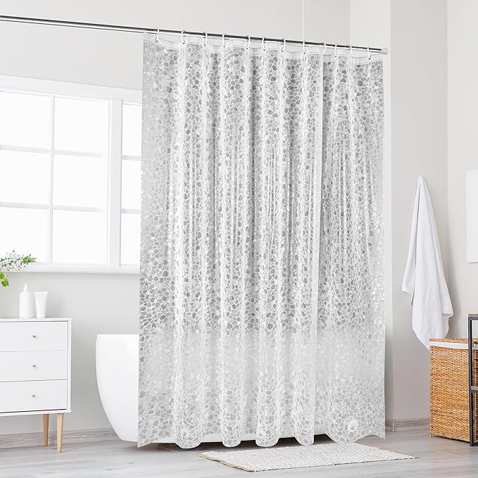 WELTRXE Bathroom Shower Curtain Liner 8G EVA Thick, 72x72 Inch 3D Frosted Pebble Plastic Shower Curtains, Heavy Duty Waterproof Shower Liner with Weighted Magnets, 12 Hooks, Rustproof Metal Grommet