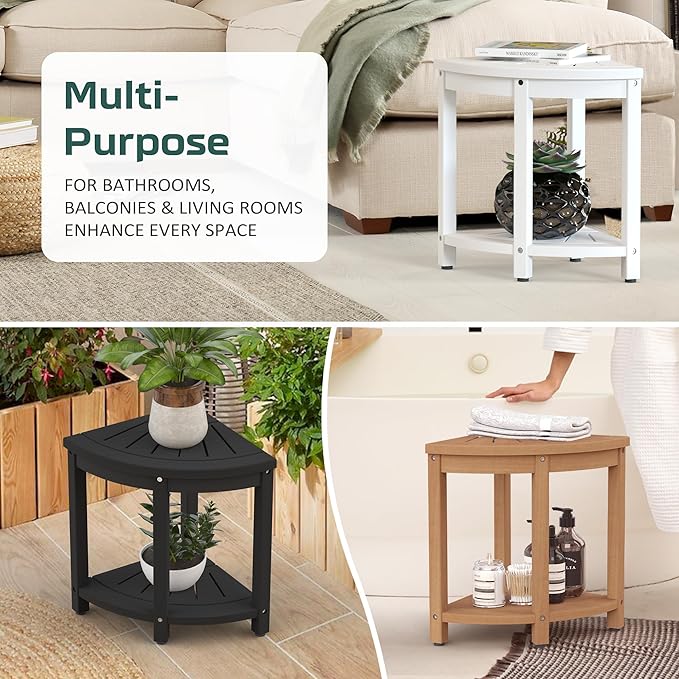 Waterproof Corner Shower Stool for Inside Shower, Poly Lumber Shower Bench Seat Chair, Bath Shower Stool for Shaving Legs Foot Rest with Storage Shelf, Adjustable & Non-Slip Feet, Black