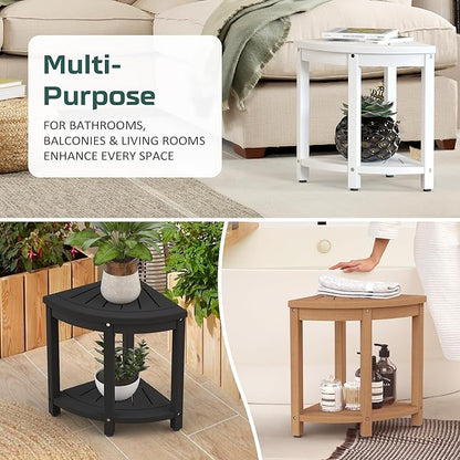 Waterproof Corner Shower Stool for Inside Shower, Poly Lumber Shower Bench Seat Chair, Bath Shower Stool for Shaving Legs Foot Rest with Storage Shelf, Adjustable & Non-Slip Feet, Black