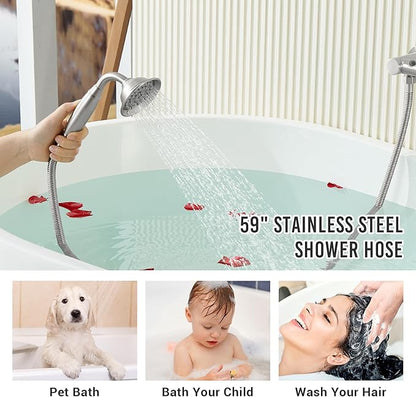 DASAN Antique Wall Mount Tub Filler Faucet with Hand Held Shower, Brushed Nickel Bathtub Faucet with Sprayer Wall Mounted Roman Bath Tub Faucet Set with High Flow Rough in Valve, AT201TF-BN