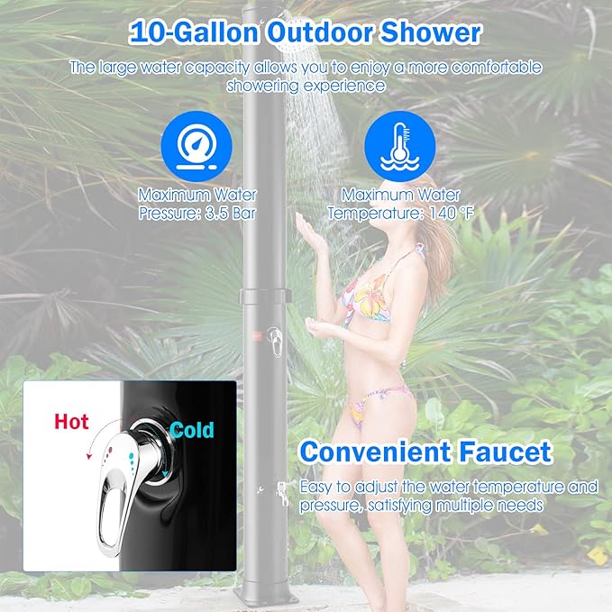 Giantex 7.2 FT 10 Gallon 2-Section Solar-Heated Outdoor Shower, Pool Shower W/Free-Rotating Shower Head, Foot Tap Spigot, Faucet, Temperature and Pressure Adjustment for Backyard, Garden, Beach Spa