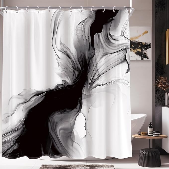 Cinbloo Black and White Shower Curtain 60Wx72H Abstract Bathroom Decor for Men Modern Ombre Grey Minimalist Marble Shower Curtain Set Elegant Ink Texture Neutral Shower Curtain Fabric with 12 Hooks