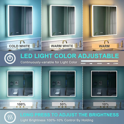WELLFOR 30" X 30" Medicine Cabinet with Lights, 3X Magnification, Anti-Fog Mirrored Cabinet, Bathroom Vanity Medicine Cabinet with Outlets & USB Ports, Double Doors