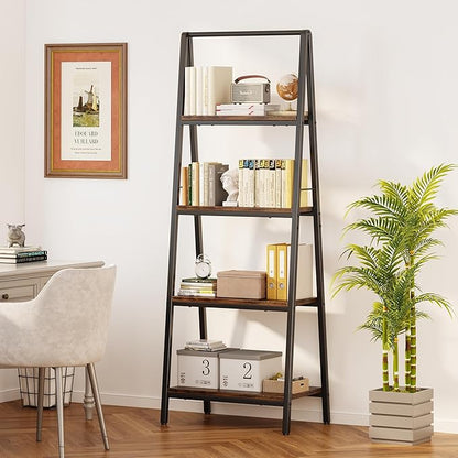 Homeiju 4-Tier Leaning Ladder Bookshelf, Rustic and Wood Ladder Shelf Bookcase, Industrial Ladder Shelf Storage Rack for Home Office, Bedroom, Bathroom or Kitchen