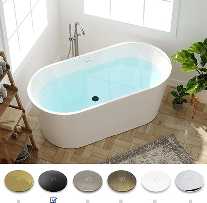 FerdY Shangri-La 59" Acrylic Freestanding Bathtub, Gracefully Shaped Soaking Bathtub, Glossy White, cUPC Certified, Matte Black Drain & Minimalist Linear Design Overflow Included, 02522