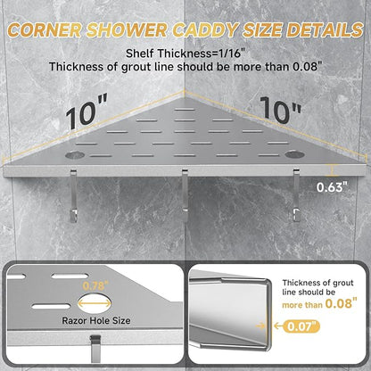 Corner Shower Shelf 10" Silver 304 Stainless Steel Recessed Shelf for Bathroom，Shower Corner Rack with Razor Hole Hook， Grout in Shelf for Tiled Wall, 2 Pack