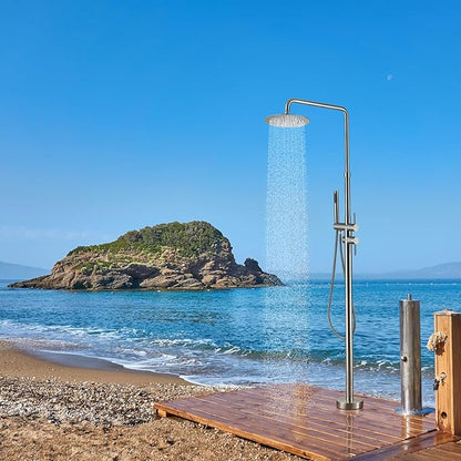 RBROHANT Freestanding Outdoor Shower Nickel, Height Adjustable Outside Showers for Backyard Garden Pool Beach, Outdoor Shower Fixtures with 10” Rain Shower Head and Handheld, Brushed Nickel, JK0317