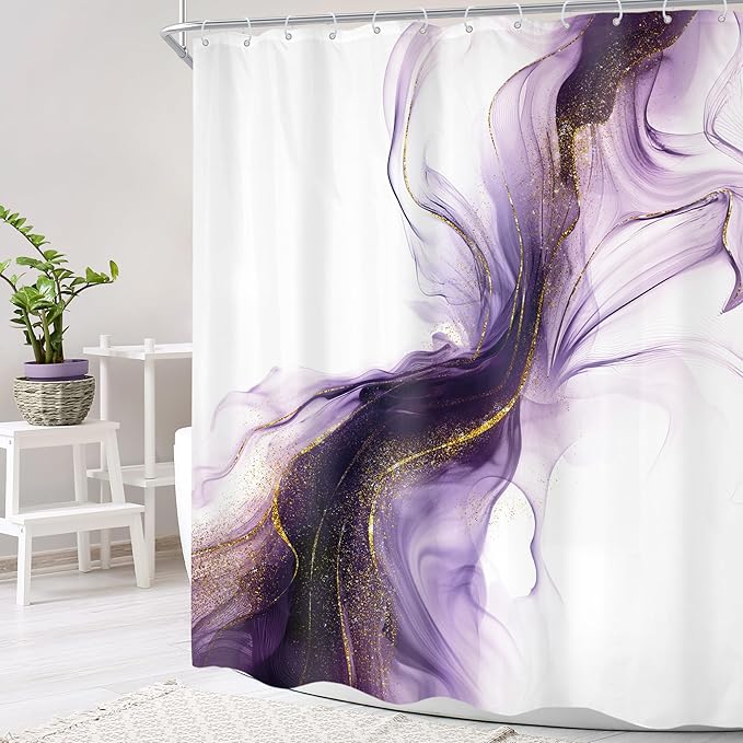 Cinbloo Purple Shower Curtain 60Wx72H Abstract Marble Ombre Gold Bathroom Decor for Women Modern Elegant Ink Texture Minimalist Chic Aesthetic Artistic Neutral Bath Curtain Fabric with 12 Hooks