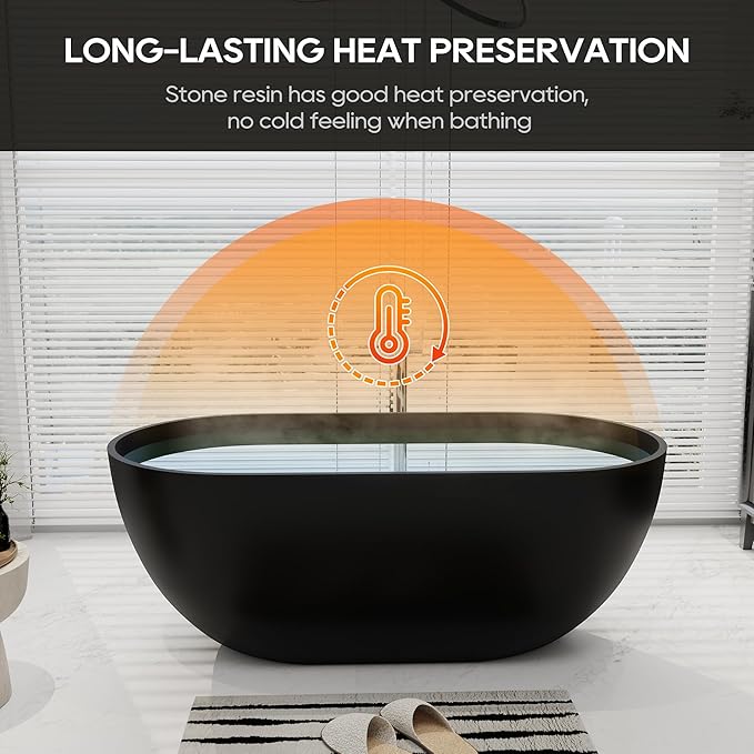 SJ STAR&JANE 59" Solid Surface Freestanding Bathtub Oval Stone Resin Soaking Tub Modern Stand Alone Tub with Overflow & Pop-up Drain, Matte Black for Bathrooms