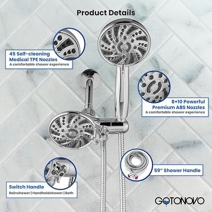 gotonovo Dual 2 in 1 Shower Head Kit High Pressure Combo System Shower Faucet 6 Modes ABS Handheld Spray Shower Trim Kit with Valve Shower Head and Handle Set Polished Chrome