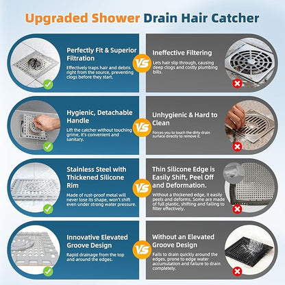 Hibbent 2 Pack Shower Drain Hair Catcher, Shower Drain Cover for Bathroom Floor 4" Drain, Anti-Clogging Bathtub Drain Strainer, Stainless Steel Kitchen Sink Drain Strainer with Handle, Grey